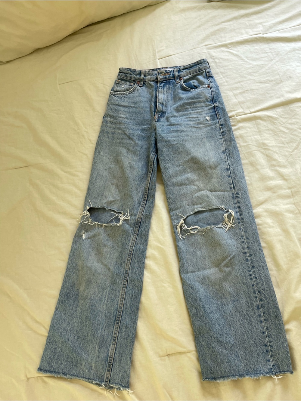 Zara Light Blue Distressed Wide-Leg Jeans